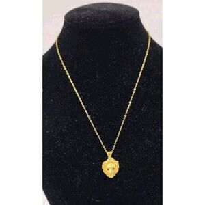 Gold Tone Fashion Lion Head With Red Rhinestone Eyes Pendant  Chain Necklace